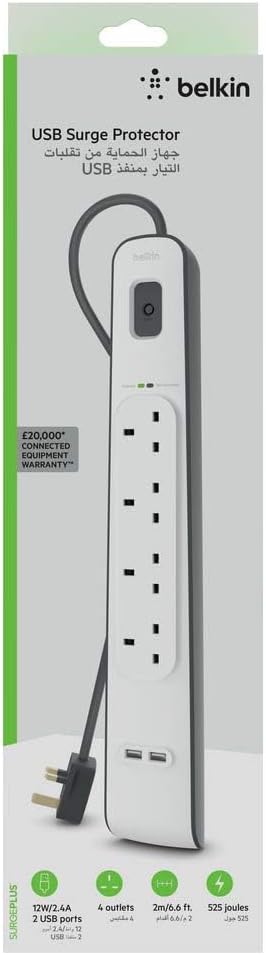 Belkin 4 Way/4 Plug Surge Protection Strip With 2 Meters Cord Length - Heavy Duty Electrical Extension Socket with 2 x 2.4 A Shared USB Ports , White , BSV401ar2M