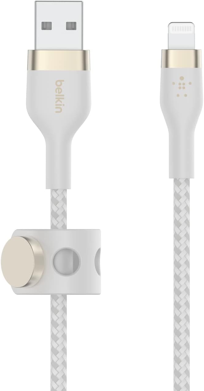 Belkin BoostCharge Pro Flex Braided USB Type A to Lightning Cable (3M/10FT), MFi Certified Charging for iPhone 14/14 Plus, 13, 12, Pro, Max, Mini, SE, iPad and More - White (Pack of 2)