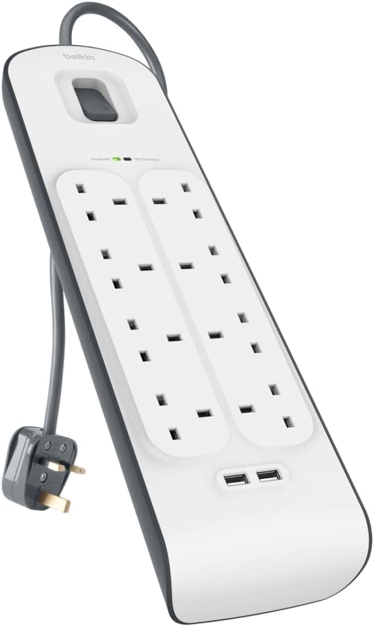 Belkin 8 Way/8 Plug Surge Protection Strip With 2 Meters Cord Length - Heavy Duty Electrical Extension Socket With 2 X 2.4 A Shared USB Ports