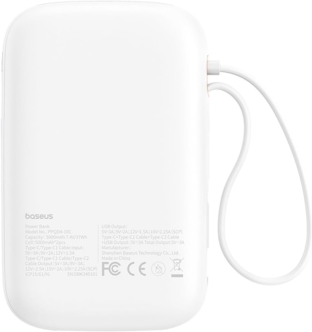Baseus Qpow2 10000mAh Type C Power Bank with 2 Built-in USB C Cable, 30W Portable Battery with LED Display, 1 USB C, USB A Port External Pack — 10K-30W-C+C — White