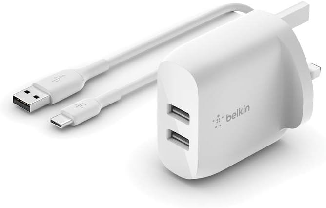 Belkin Boost Charge Dual USB-A Wall Charger 24 W + USB-A to USB-C Cable (USB Wall Charger for Samsung, Pixel, iPad Pro, More)