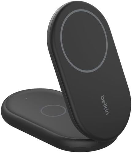 Belkin BoostCharge Magnetic Foldable Qi2 Charger 2 in 1 Power 15W MagSafe Compatible Wireless Charger for Apple iPhone 16/15/14/13 with Non-slip Base, Power Supply Included - Black
