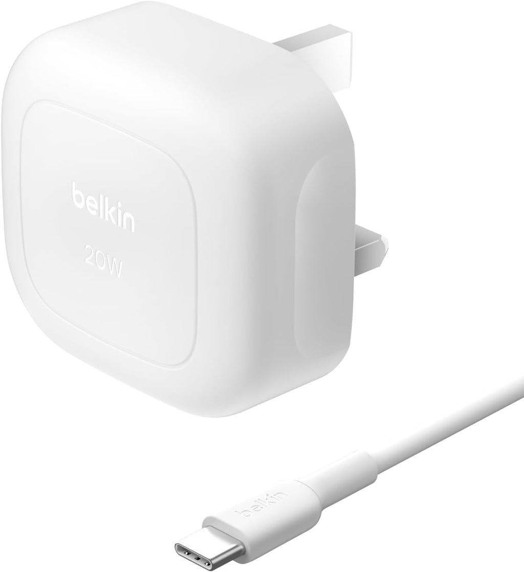 Belkin BoostCharge 20W Cubic Wall Charger, USB-C Power Delivery Fast Charging for Apple iPhone 17, Air, 16, Samsung Galaxy S25, Pixel 10, Nintendo Switch with USB-C to USB-C Cable included - White