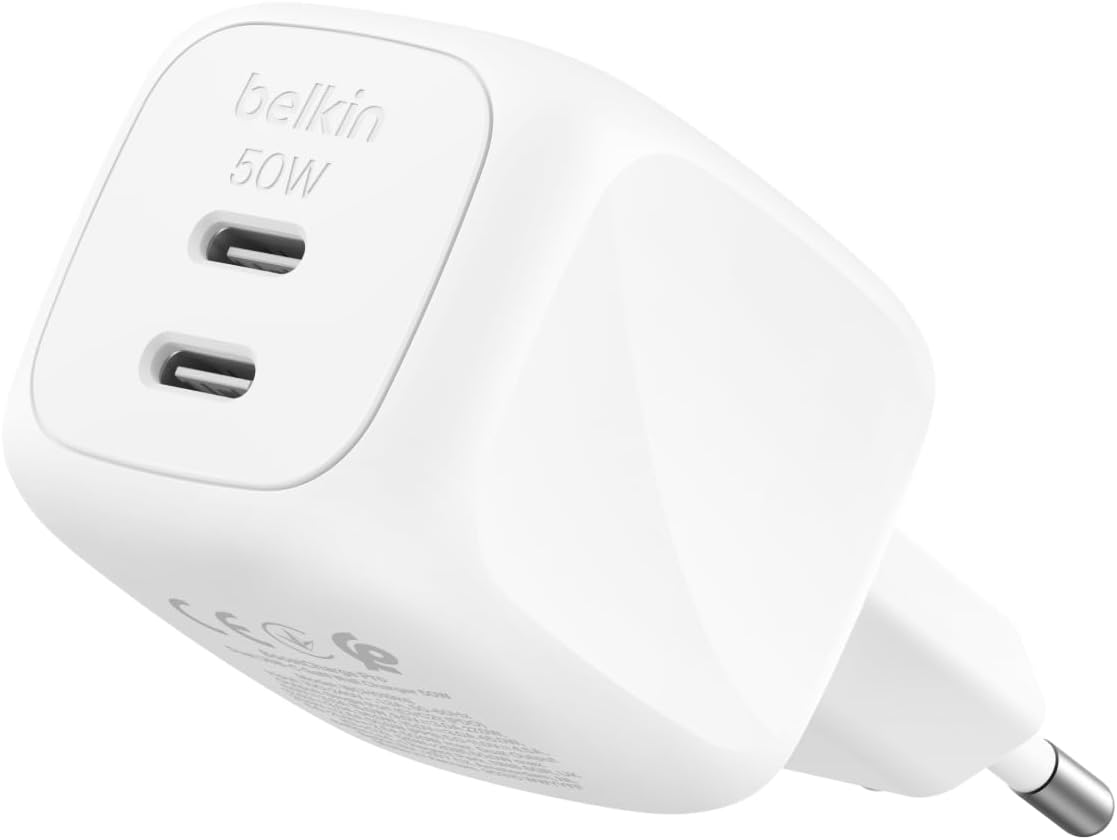 Belkin 2-Port USB-C Plug 50W, Dual-Port GaN Charger with 2x USB C Ports, Fast Charging for MacBook, iPhone 16, iPad Pro, Chromebook, Galaxy S25 Ultra, Pixel 9, etc. - Travel Essentials - White