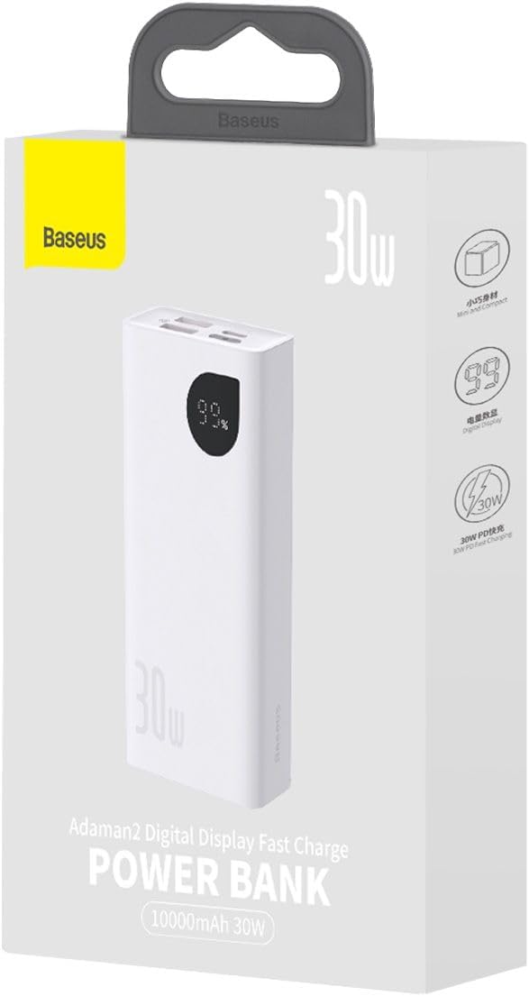 Baseus Adaman2 Digital Display Fast Charge Power Bank 10000mAh 30W(With Simple Series Charging Cable USB to Type-C 3A 0.3m) Overseas Edition (WHITE) — White