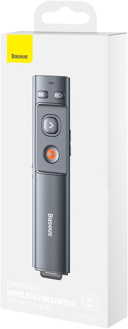 Baseus Orange Dot Wireless Presenter with Red Laser – Rechargeable Presentation Clicker with USB A/C Receiver, 100m Range for PowerPoint, Keynote, Windows, Mac - Grey — Pointer