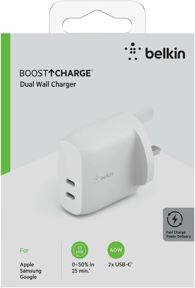 Belkin 40W USB Type C PD Wall Charger (Dual Usb-C Ports For 20W Per Port Fast Power Delivery Enabled Charging For iPhone 14, 13, 12, 12 Pro, 12 Pro Max, Mini, iPad Pro, Galaxy, And More)