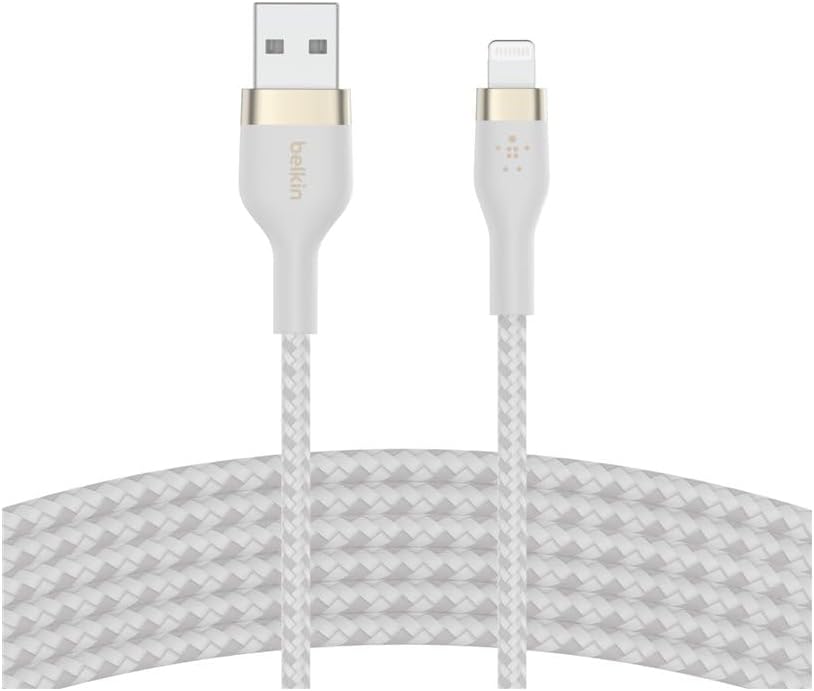 Belkin BoostCharge Pro Flex Braided USB Type A to Lightning Cable (3M/10FT), MFi Certified Charging for iPhone 14/14 Plus, 13, 12, Pro, Max, Mini, SE, iPad and More - White