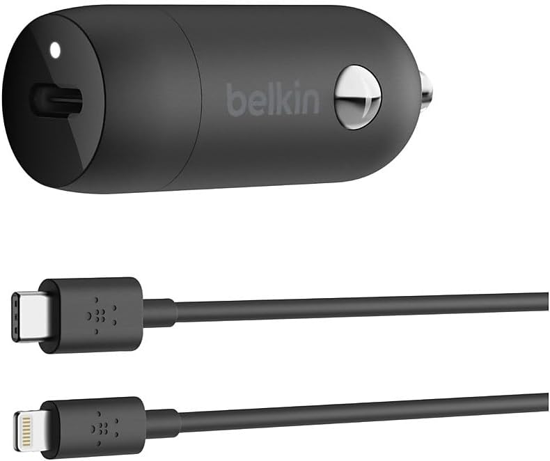 Belkin USB-C Fast Car Charger 20W-Black with 4Ft USB-C to Lightning Cable (Fast Charger for iPhone, Samsung, Google Pixel and more) - Black
