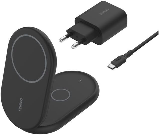 Belkin BoostCharge Magnetic Foldable Qi2 Charger 2 in 1 Power 15W MagSafe Compatible Wireless Charger for Apple iPhone 16/15/14/13 with Non-slip Base, Power Supply Included - Black