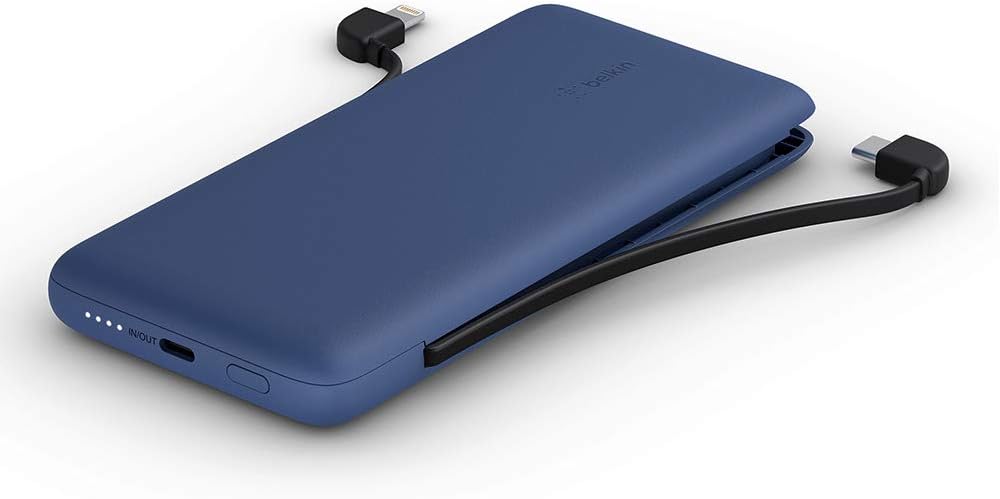 Belkin BOOSTCHARGE Plus 10K Portable Charger Power Bank (10,000 mAh with Integrated Lightning (MFI) and Integrated USB-C Cables and Additional USB-C Charging Port) - Blue