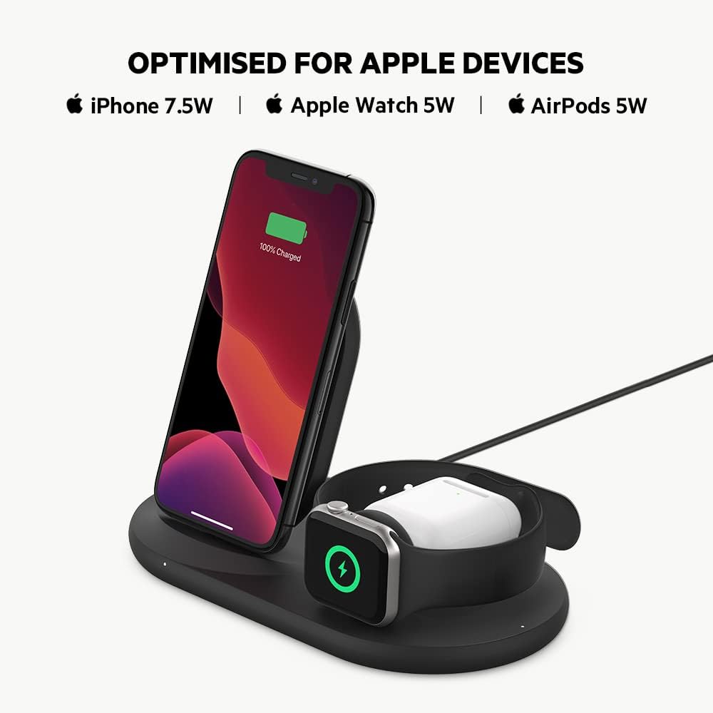 Belkin 3 in 1 Wireless Charging Station, 7.5W Wireless Charger for iPhone, Apple Watch and AirPods, Wireless Charging Dock, iPhone Charging Dock, iPhone 16, 15, 14, Apple Watch series 10, 9, 8 - Black
