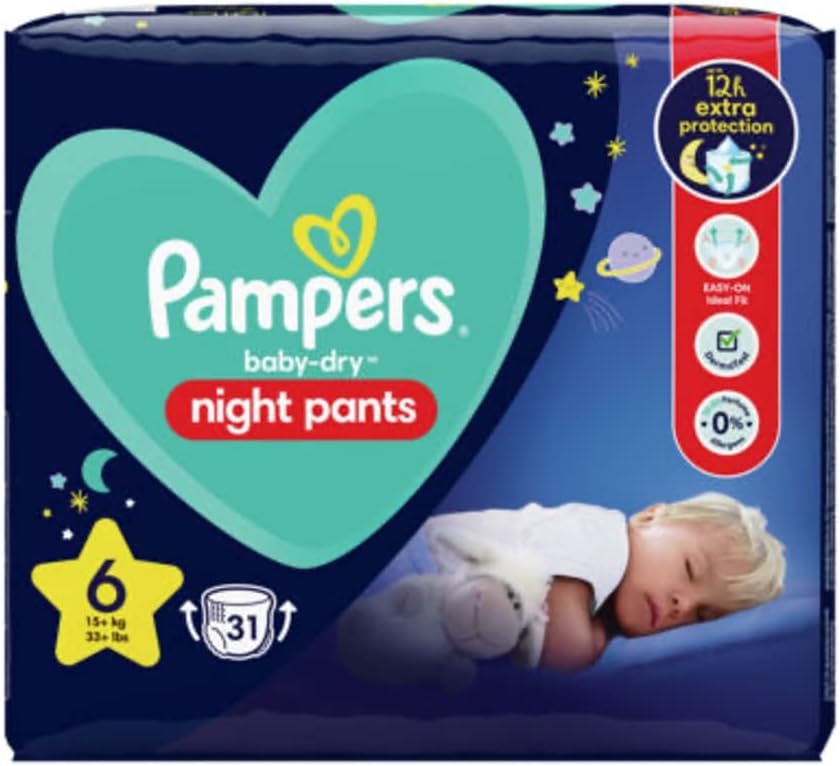 Pampers Baby Nappy Pants Size 6 (15+ kg / 33 lbs), Baby Dry Night, 31 Nappies, Pampers' Most Absorbent Pants for Extra Night Protection