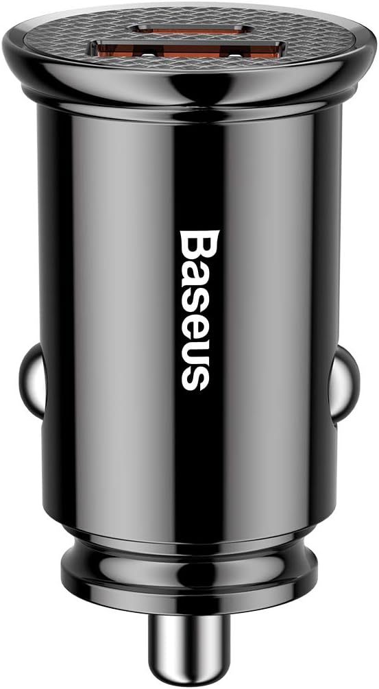 Baseus Smart Fast Car Charger 30W Dual Port USB & USB-C Adapter, Supports QC4.0 PD3.0 SCP AFC VOOC, Compact 12V-24V Car Charger with LED Light & Multi-Layer Safety Protection — Black