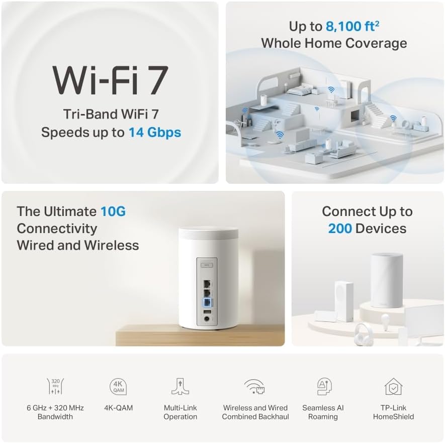 TP-Link BE14000 Tri-Band Whole Home Mesh WiFi 7 System|8-Stream 14 Gbps Tri-Band WiFi|Wireless and Wired Combined Backhaul|Multi-Link Operation|TP-Link HomeShield - Deco BE68(1Pack)