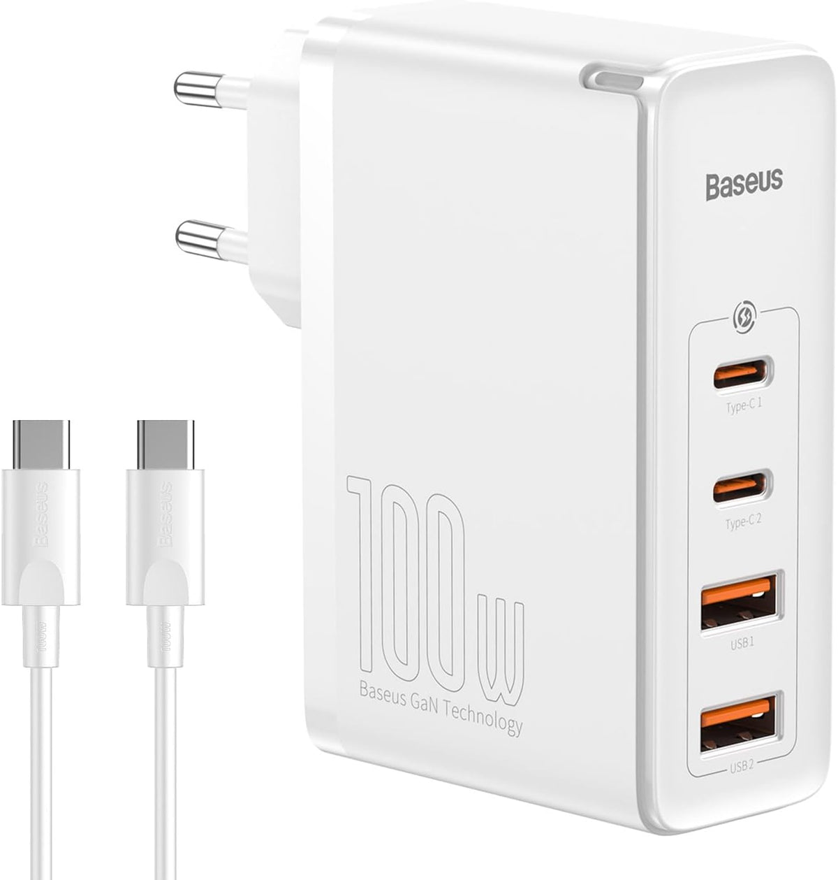 Baseus 100W GaN Charger 4-Port Fast Charging Adapter USB-C PD 3.0 Quick Charger for Laptop, MacBook, iPhone 13 Pro Max, Samsung Galaxy, Xiaomi, Tablets — 100W-EU-2C+2A — White