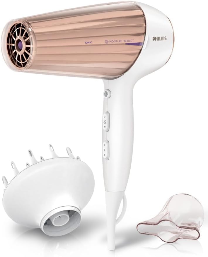 Philips DryCare Prestige Hair Dryer with MoistureProtect Sensor HP8280/00, 2300 W Hair Dryer, Ionization Function, 6 Blower and Temperature Levels, Includes Diffuser & Styling Nozzle — Creamy White