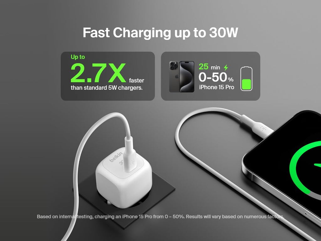 Belkin BoostCharge 30W Mains Charger (Compact and Portable, USB-C Power Delivery, for all iPhone 16, 15, 14, 13, Samsung Galaxy S24, S23, iPad, AirPods, Tablets, etc., White)