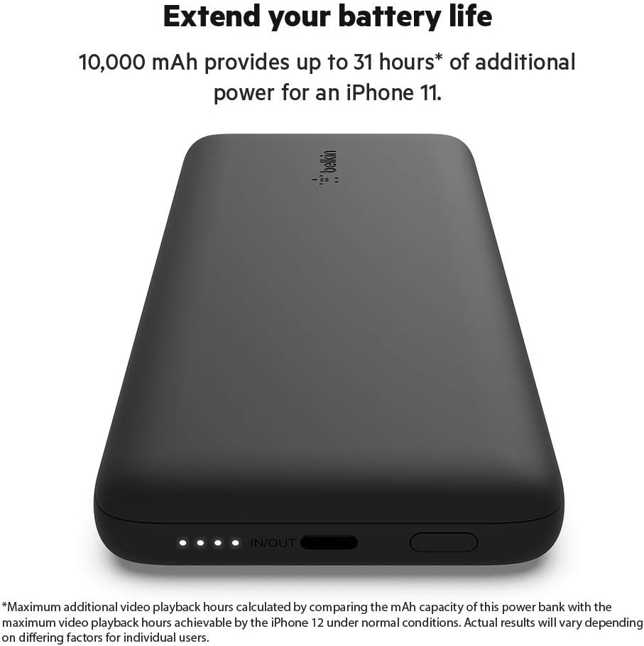 Belkin Boostcharge Plus 10K Portable Charger Power Bank (10,000 Mah With Integrated Lightning (Mfi) And Integrated Usb-C Cables And Additional Usb-C Charging Port) - Black