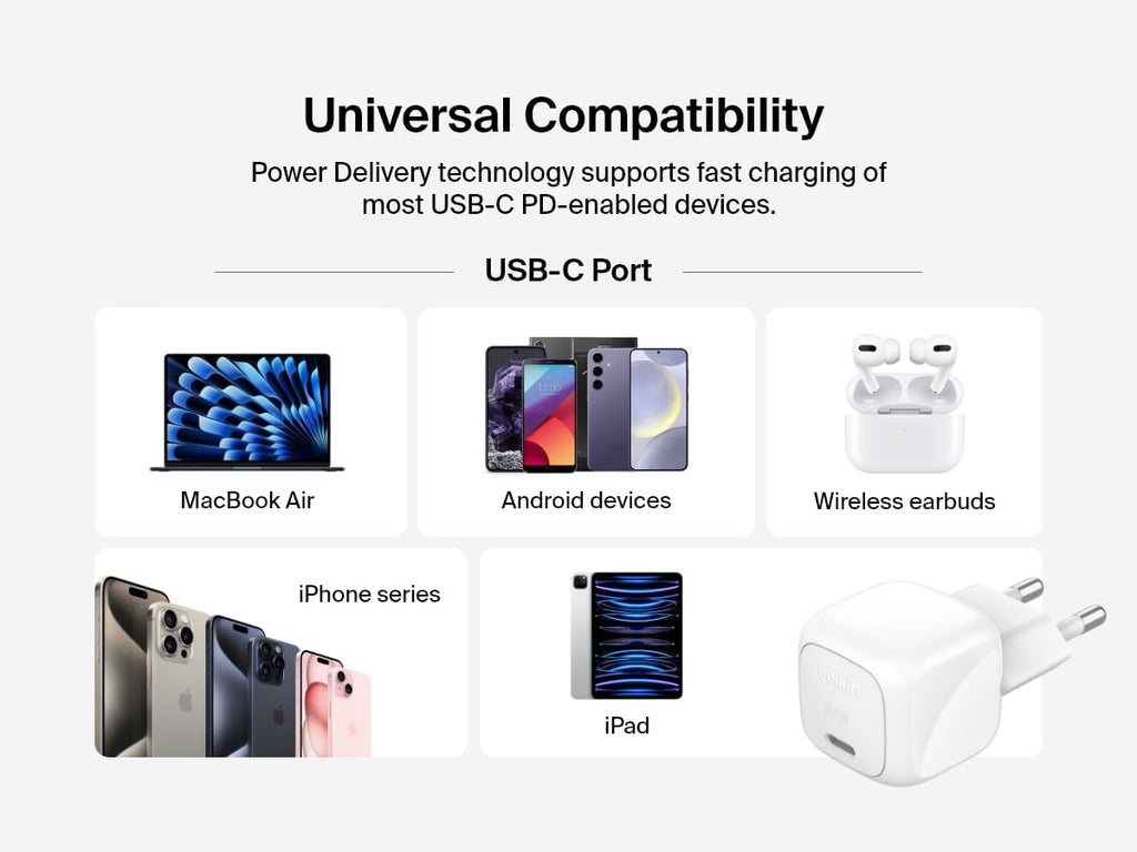 Belkin BoostCharge 30W Mains Charger (Compact and Portable, USB-C Power Delivery, for all iPhone 16, 15, 14, 13, Samsung Galaxy S24, S23, iPad, AirPods, Tablets, etc., White)
