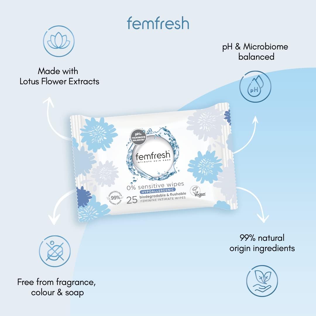 Femfresh 0% Sensitive Intimate Wipes, Biodegradable & Flushable, Made of 100% Plant Sourced Fibers, Fragrance & Soap Free, Unscented, Vegan, pH Balanced, Hypoallergenic Skin Care, Pack of 25 — additional product view 2