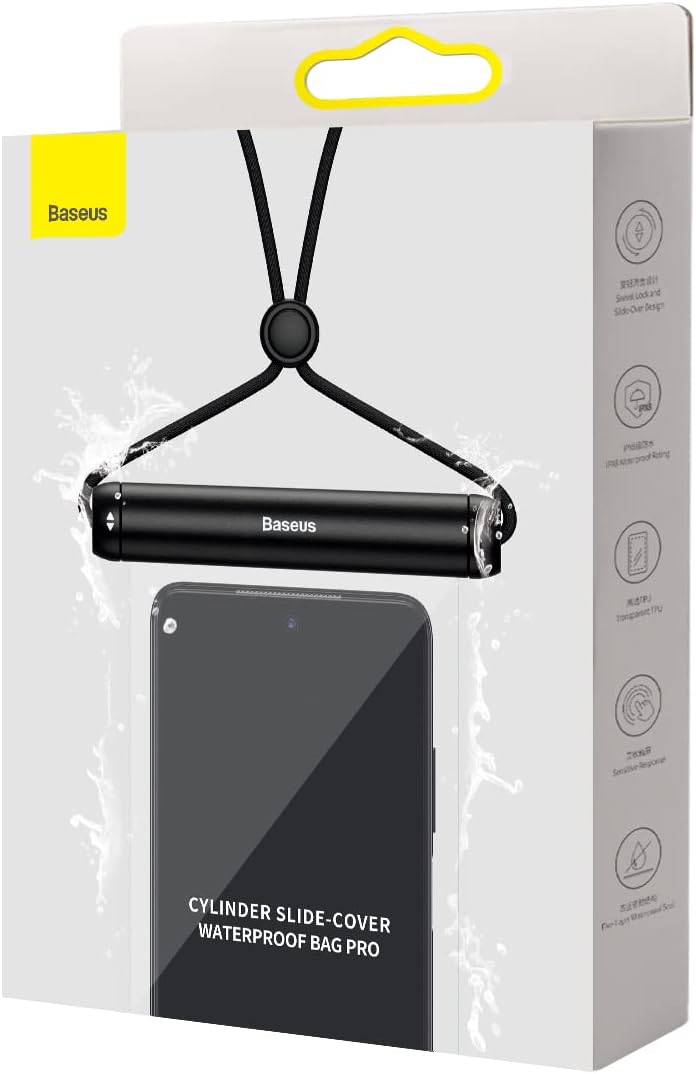 Baseus Waterproof Phone Pouch, Universal IPX8 Waterproof Protection Dry Bag with Neck and Wrist Strip — Cylinder Lock — Black