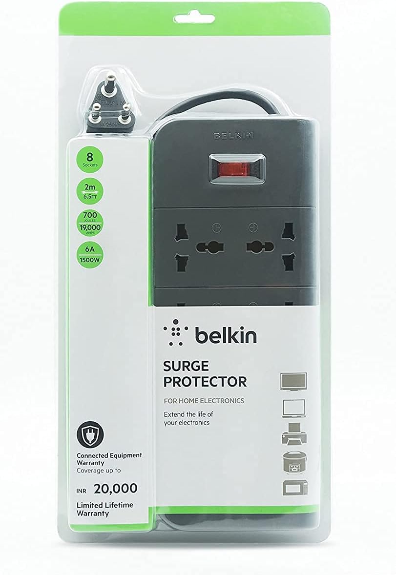 Belkin 8-Socket Extension Board with Surge Protector Universal Socket with 6.5Ft (2-Meter) Heavy Duty Cable Overload Protection, Comes with 5 Years Manufacturer Warranty, Grey Color, 220 Volts