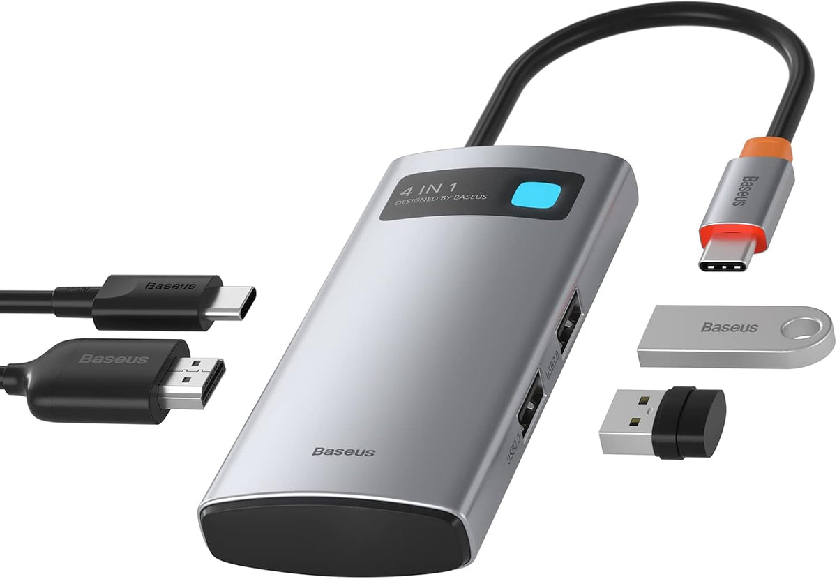 Baseus 4 in 1 USB C Hub, Docking Station 5Gbps Data Transfer, 4K@60Hz Type C to HDMI, 2 USB-A 3.0 Ports, PD 100W, Multiport Adapter — 4 in 1-GS — Grey