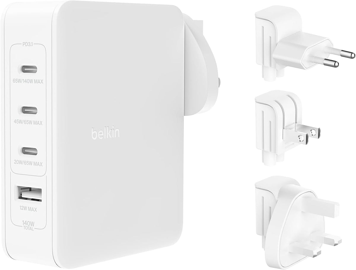 Belkin 140W 4-Port GaN Wall Charger, Multi-Port Travel Plug w/ USB-C Power Delivery Fast Charge & USB-A Port phone charger for iPhone, Samsung Galaxy, Google Pixel, iPad, MacBook, laptop, tablet, more