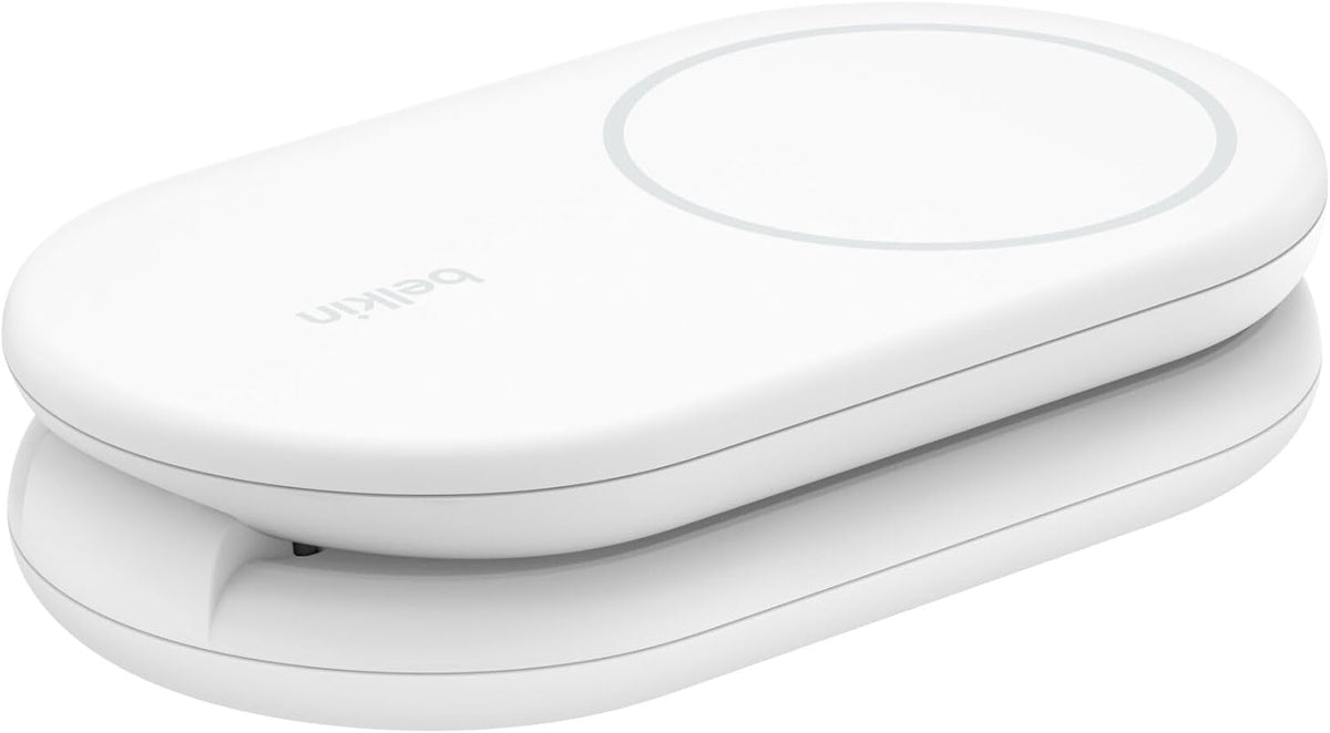 Belkin BoostCharge Magnetic Foldable Qi2 Charger 2 in 1 Power 15W MagSafe Compatible Wireless Charger for Apple iPhone 16/15/14/13 with Non-slip Base, Power Supply Included - White