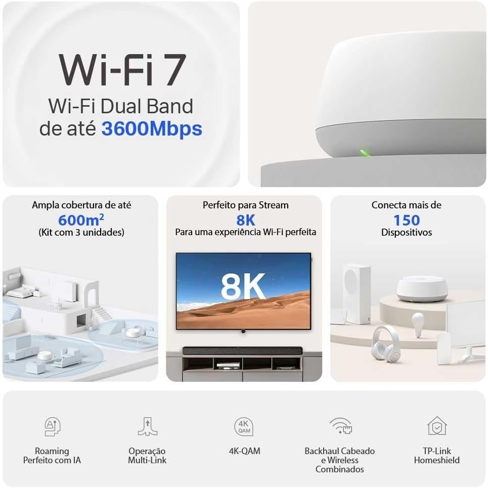 TP-Link Deco BE22 (3 pcs.) Mesh Wi-Fi 7 BE3600 Dual Band Router, Coverage Up to 600 m², Over 150 Devices, 2 Gigabit Ports per Unit, MLO, VPN, and AI-Managed Mesh
