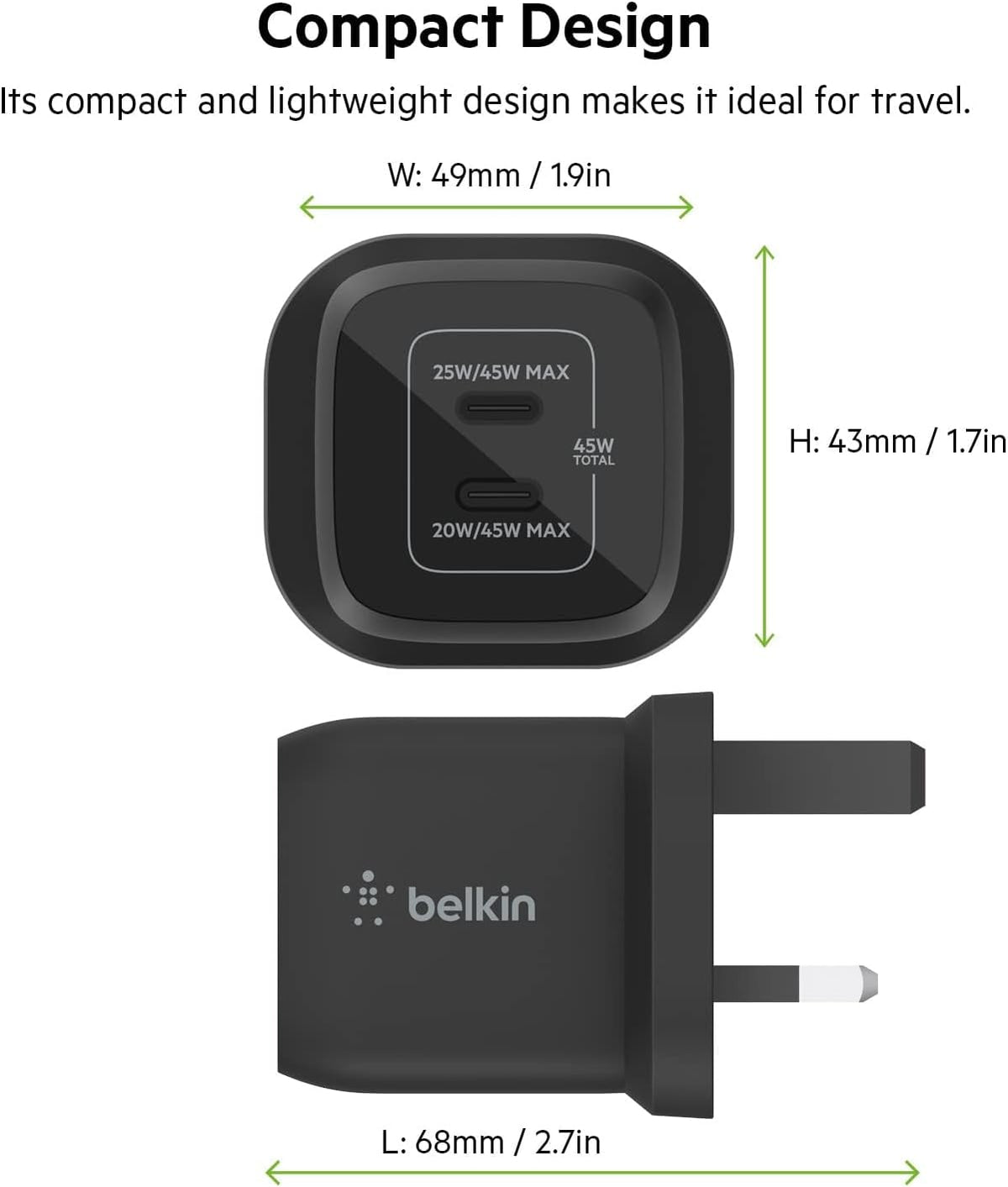 Belkin 45W Dual USB Type C Wall Charger, Fast Charging Power Delivery 3.0 with GaN Technology, USB C Charger for iPhone 17, iPhone Air, iPad Pro, MacBook, Samsung Galaxy S25, Pixel And More - Black