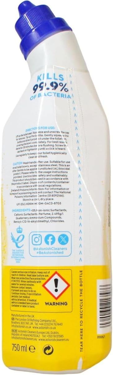 Astonish Toilet Fresh - Lemon - Long Lasting Fragrance - Kills 99.9% Bacteria - 360 Degree - Easy Cleaning - Prevent Limescale Buildup - Fast Working - Cruelty Free - Vegan -750ML * 3 Pack — additional product view 3