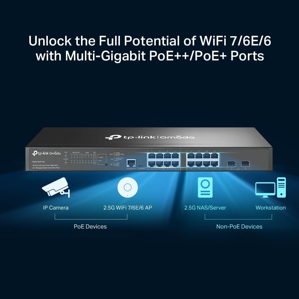 TP-Link Omada SG3218XP-M2 | 16 Port Multi-Gig 2.5G PoE Switch, 2x10GE SFP+ Port, 8 PoE+ Port@240W | L2+ Smart Managed | Support Omada SDN | Static Routing, IGMP Snooping, Abundant Security Features