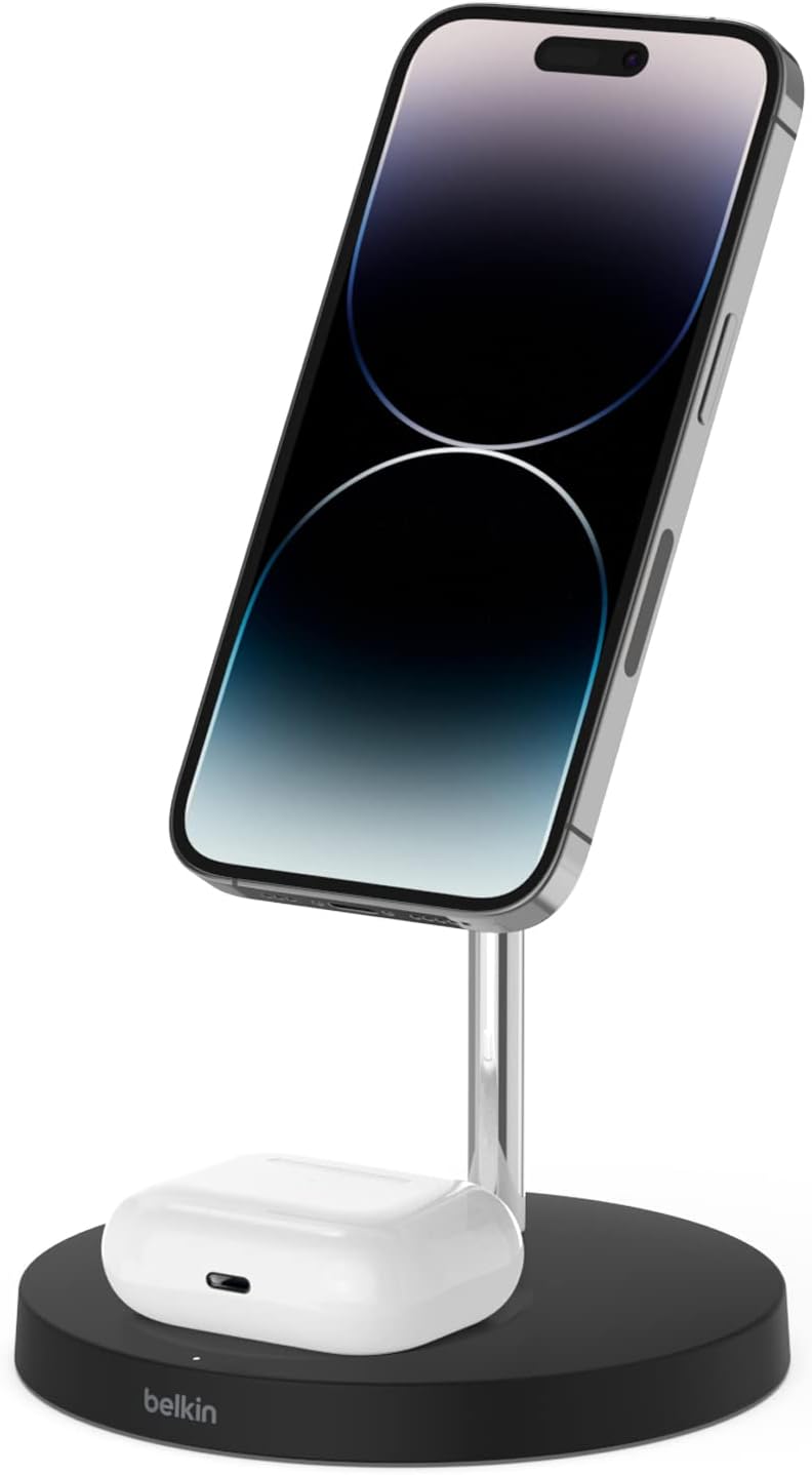 Belkin 2 in 1 Wireless Charger with MagSafe, 15W Fast Charging iPhone Charger Stand for iPhone 13 Series, Airpods and Other MagSafe Enabled Devices with Included Power Adapter Black, WIZ010myBK