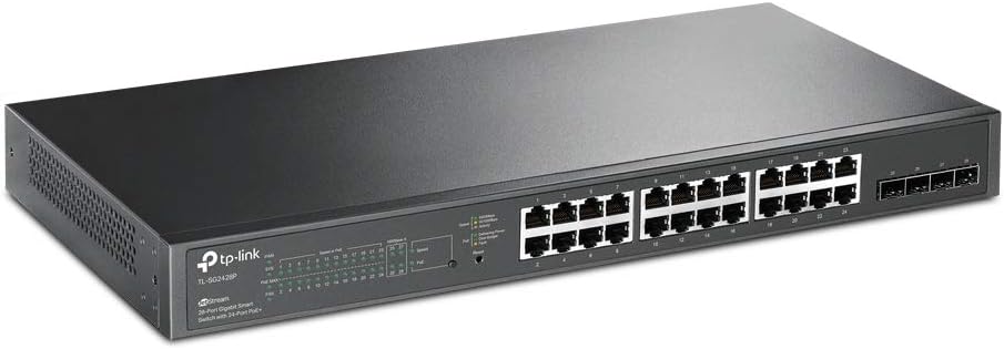 TP-Link TL-SG2428P JetStream 28-Port Gigabit Smart Switch with 24-Port PoE+, 4 SFP Slots (250 Watt Budget, Centralized Cloud Management Omada SDN, and Intelligent Monitoring)