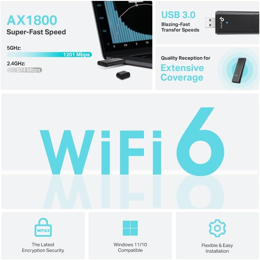 TP-Link Archer TX20U WLAN Stick for PC, WiFi, AX1800 Dual Band, Only Compatible with Windows 11/10, USB 3.0, MU-MIMO, OFDMA, WPA3 Encryption