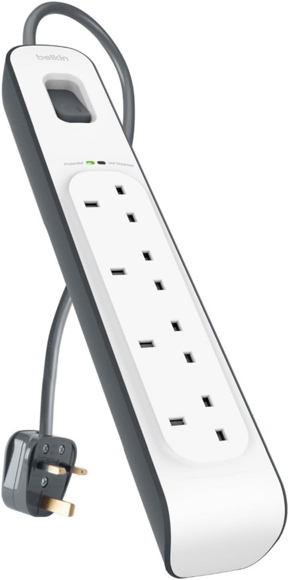 Belkin Bsv400Af2M 4-Way Surge Protection Strip With 2 Meters Cord Length - Heavy Duty Electrical Extension Socket, Durable And Robust Housing, 14Awg Capacity On/Off Switch White, Meter V1 (Pack of 2)