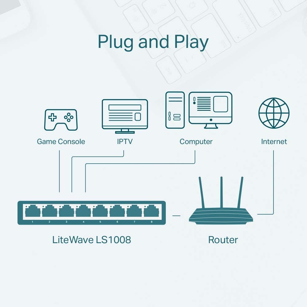 TP-Link LS1008 8-Port Desktop/Wallmount 10/100Mbps Network switch/hub, ETHERNET SPLITTER, Plug and Play, Plastic Case,Black