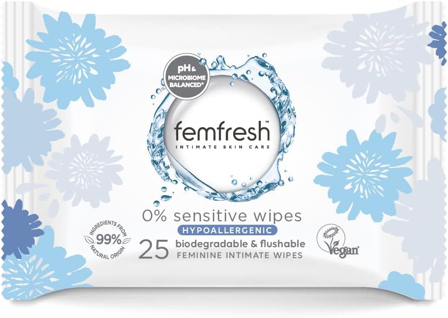 Femfresh 0% Sensitive Intimate Wipes, Biodegradable & Flushable, Made of 100% Plant Sourced Fibers, Fragrance & Soap Free, Unscented, Vegan, pH Balanced, Hypoallergenic Skin Care, Pack of 25 — front product image