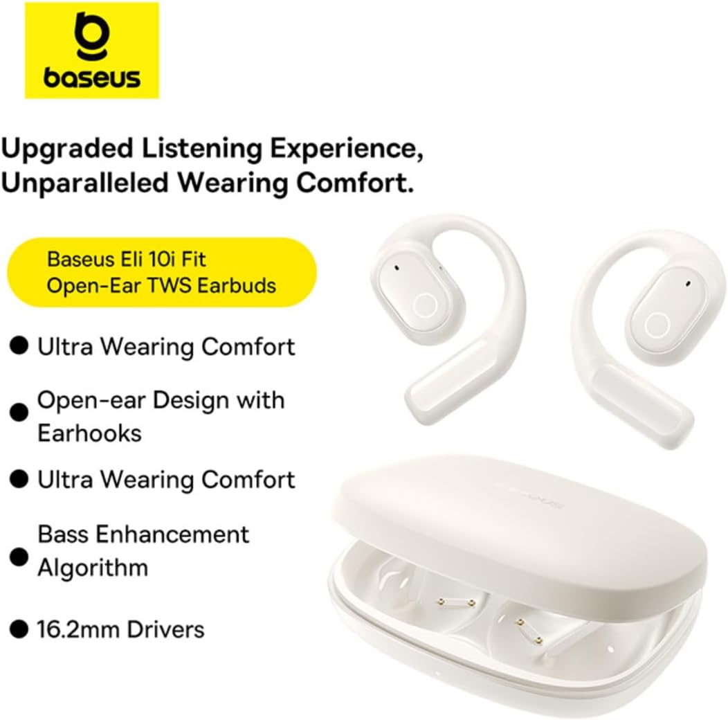 Baseus Eli 10i Fit Open-Ear Earphones with Ear Hooks Wireless Bluetooth 5.4 IP54 Waterproof Air Conduction Sports Earbuds Sweatproof Secure Fit Running, Gym — Eli-10i — White