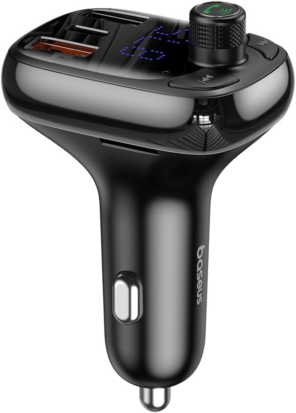Baseus T Shaped S-13 36W USB C Car Charger & Bluetooth FM Transmitter with LED Display, 12V-24V Adapter Dual USB Fast Charger — Black