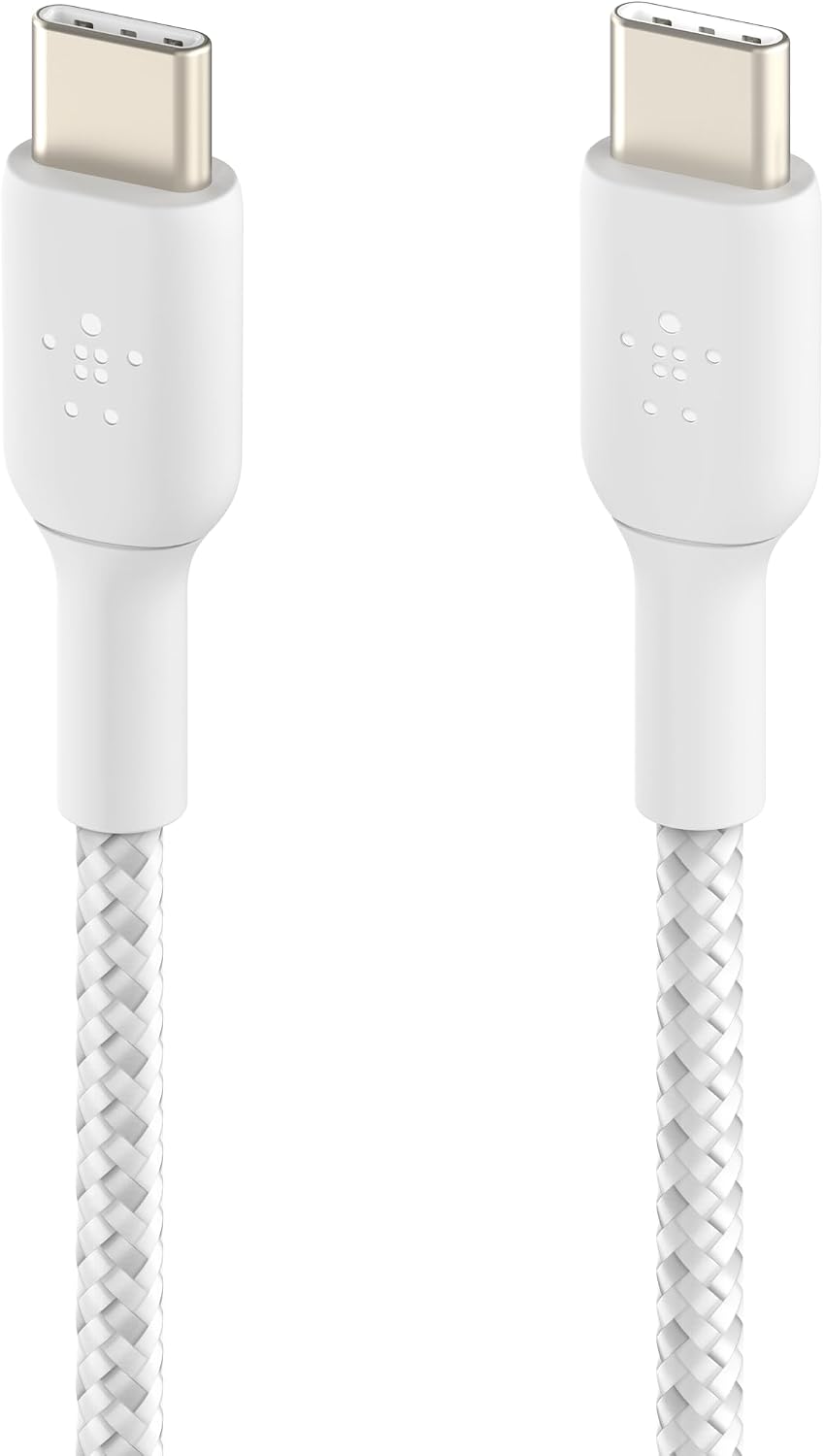 Belkin Fast Charge (0.5ft) Braided USB-C to USB-C Cable for iPhone 16, iPhone 16 Pro, iPhone 16 Pro Max, iPhone 16 Plus, iPhone 15, Galaxy S24, S23, Note10, Pixel 9, Pixel 8, iPad Pro & More - White
