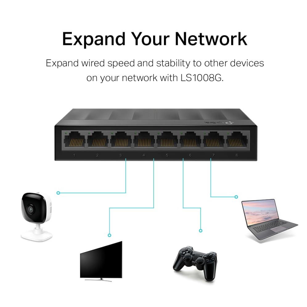 TP-Link Litewave 8 Port Gigabit Ethernet Switch | Desktop Ethernet Splitter | Plastic Case | Unshielded Network Switch | Plug & Play | Fanless Quiet | Unmanaged (LS1008G)
