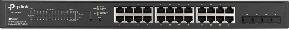 TP-Link TL-SG2428P JetStream 28-Port Gigabit Smart Switch with 24-Port PoE+, 4 SFP Slots (250 Watt Budget, Centralized Cloud Management Omada SDN, and Intelligent Monitoring)