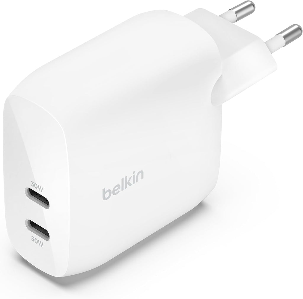 Belkin BoostCharge Dual USB-C Plug with PPS 60W for Apple iPhone, iPad, Samsung Galaxy, Google Pixel - Compatible w/USB-C to Lightning Cable & USB-C to USB-C - White