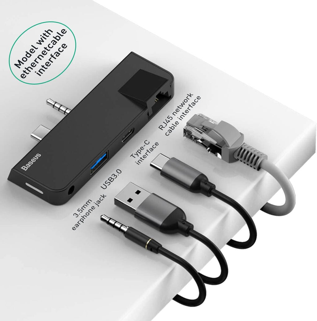 Baseus Multifunctional HUB for Surface Go (Type-C + Audio to RJ45 USB3.0 Type-C (data) Audio) Black — Black