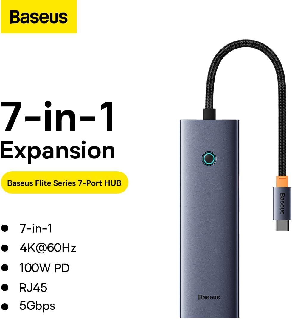 Baseus UltraJoy USB-C Hub 7-in-1 — HDMI 4K 60Hz, USB, PD, Ethernet and SD/TF — Space Grey