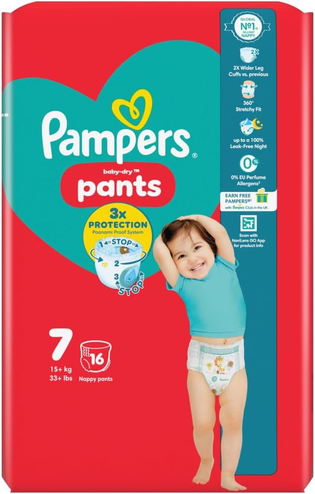Pampers Baby-Dry Nappy Pants Size 7, 16 Nappies, 17kg+, Carry Pack