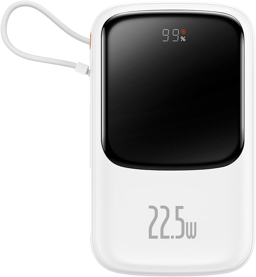 Baseus Qpow Pro Digital Display Fast Charge Power Bank 10000mAh 22.5W Type-C Edition White（With: Simple charging cable Type-C 3A 0.3m White) Overseas Edition — 10K-22.5W-C — White